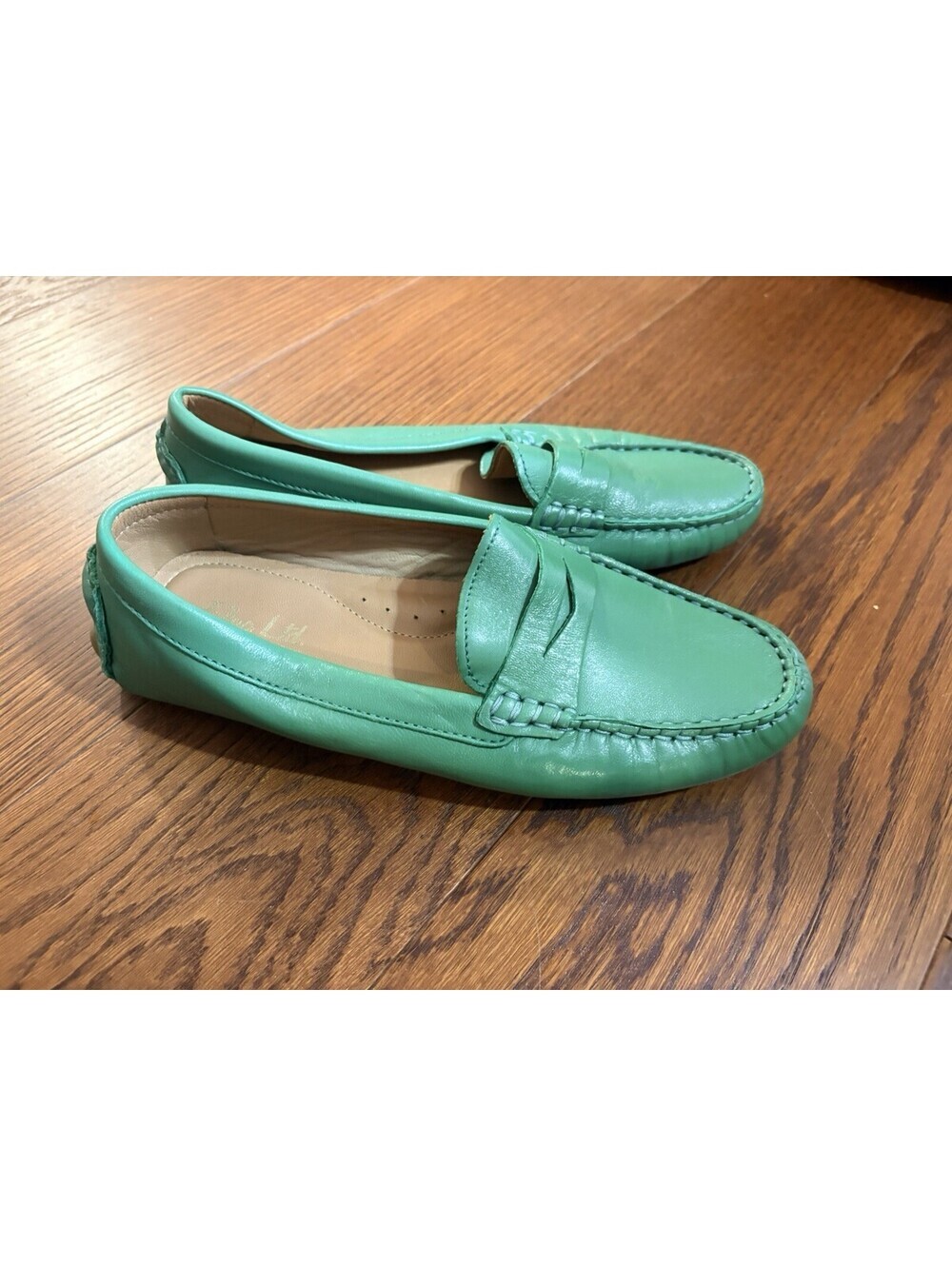 Flag Ltd Morgan Green Leather Square Toe Penny Loafer Driving Moc Women Size 6.5